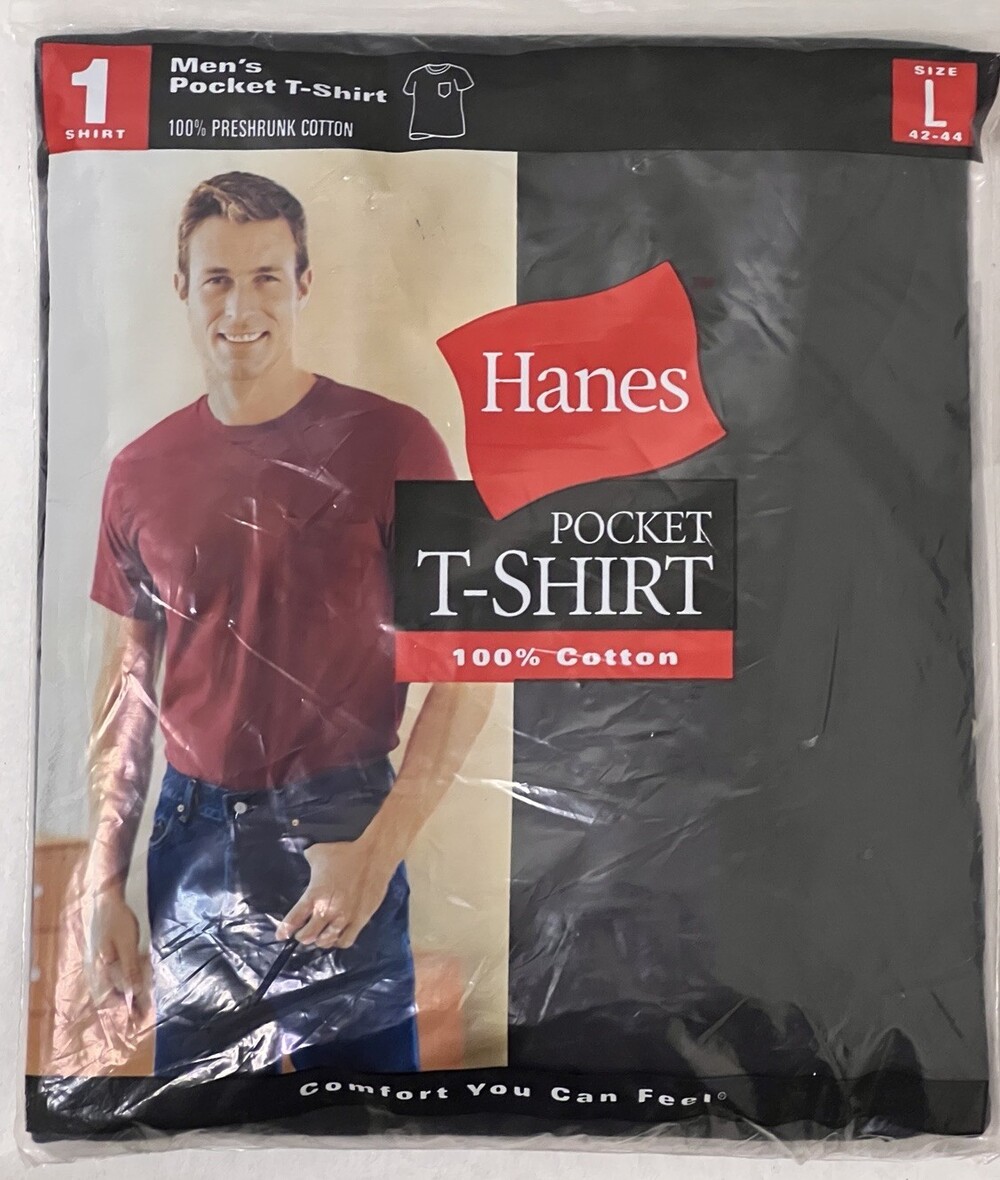 Vintage 2000 Hanes Men's Pocket T-Shirt Size L Black 100% Cotton Single Pack NIP